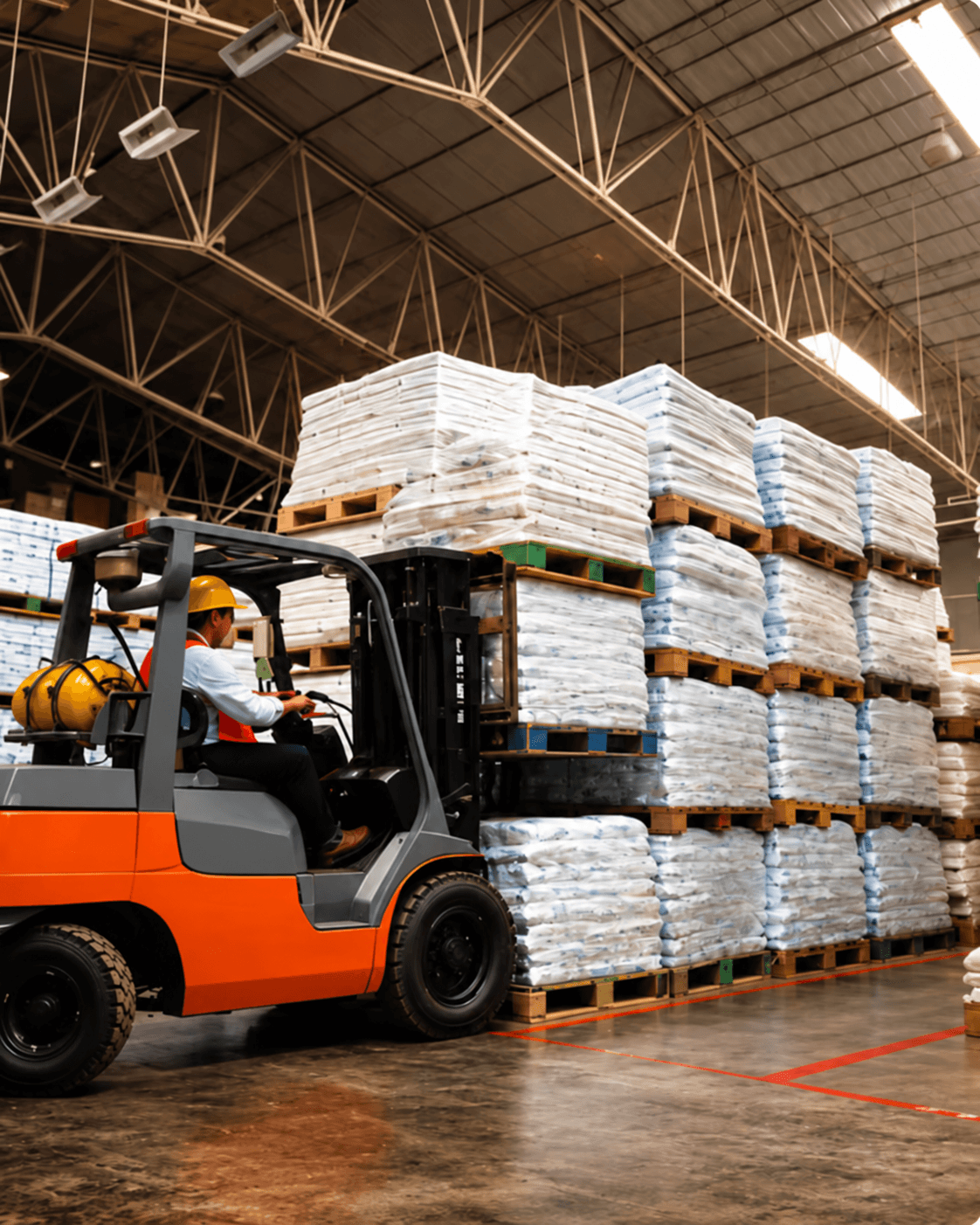 Montacargas operando entre pallets de producto ensacado en una bodega industrial