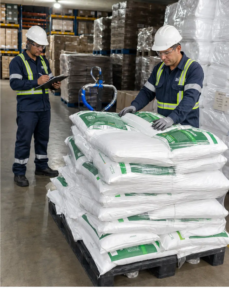 Equipo de logística verificando un pedido de sal industrial