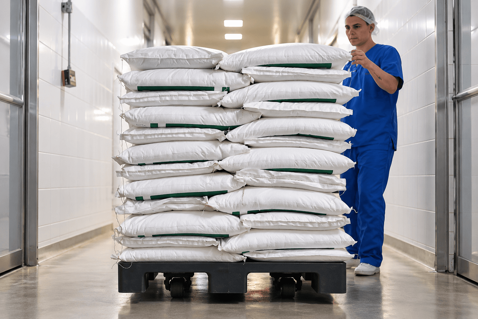 Bodega industrial con sacos de sal organizados sobre estibas